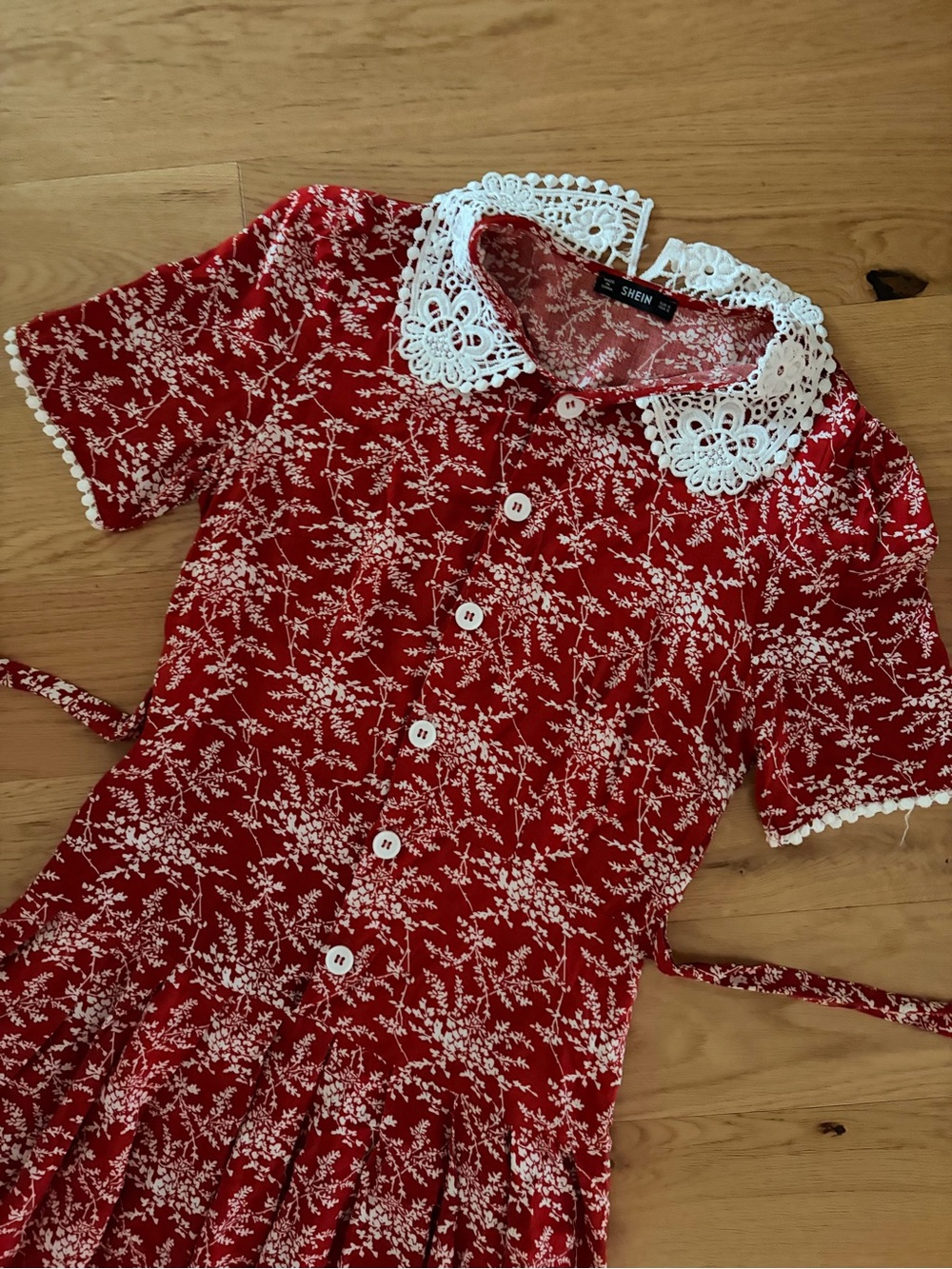 SHEIN Red Floral Nightgown with White Lace Collar
